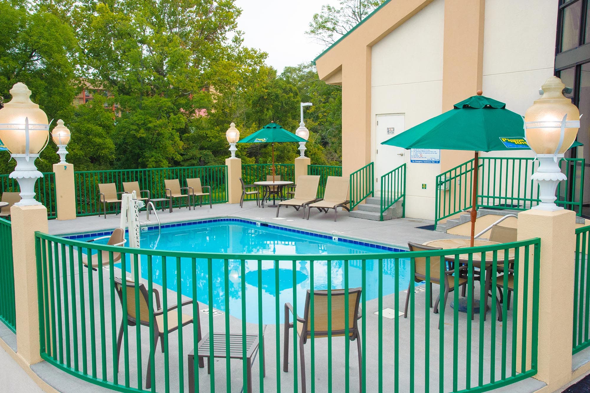 Curved railings surround pool for protection